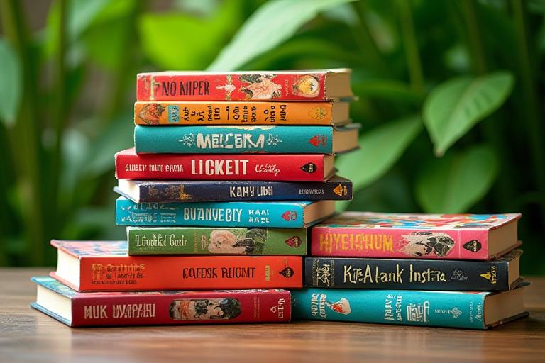 A vibrant stack of books by Southeast Asian authors, featuring diverse covers and styles, set against a leafy backdrop.