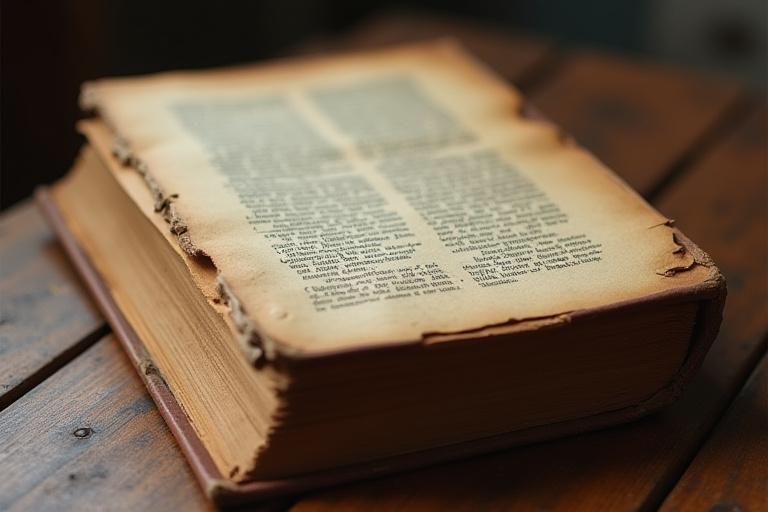 A damaged, old book with a detached cover, frayed edges, and faded spine, awaiting restoration.